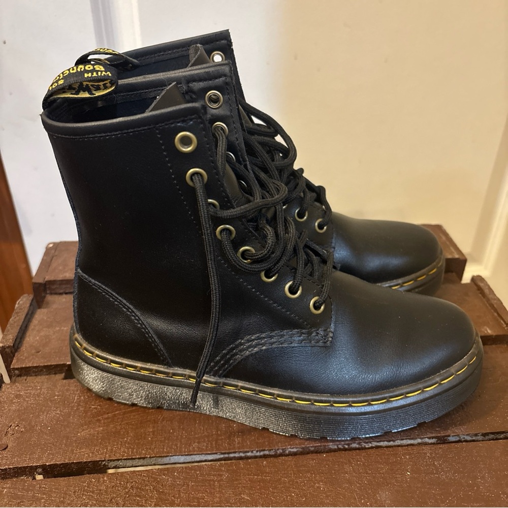 Dr. Martens Black Leather Boots with Yellow Stitching